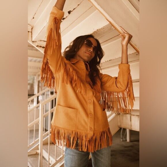 DANIELLE BERNSTEIN NWT Boho Fringed Faux Suede Jacket Camel Size XS Coachella - Picture 3 of 11